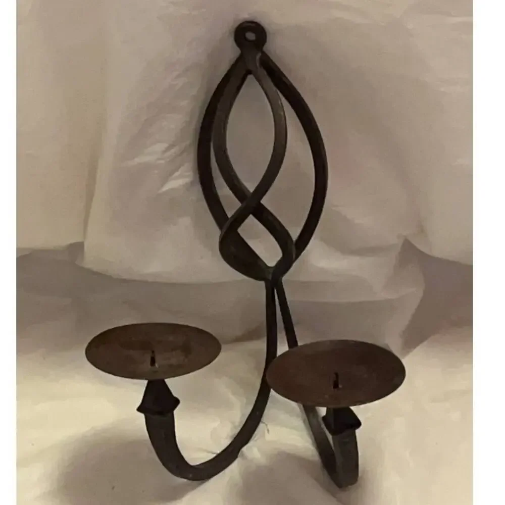 Vintage Heavy Forged Iron Wall Candle Holder Double Sconce Rustic Brown 12.5